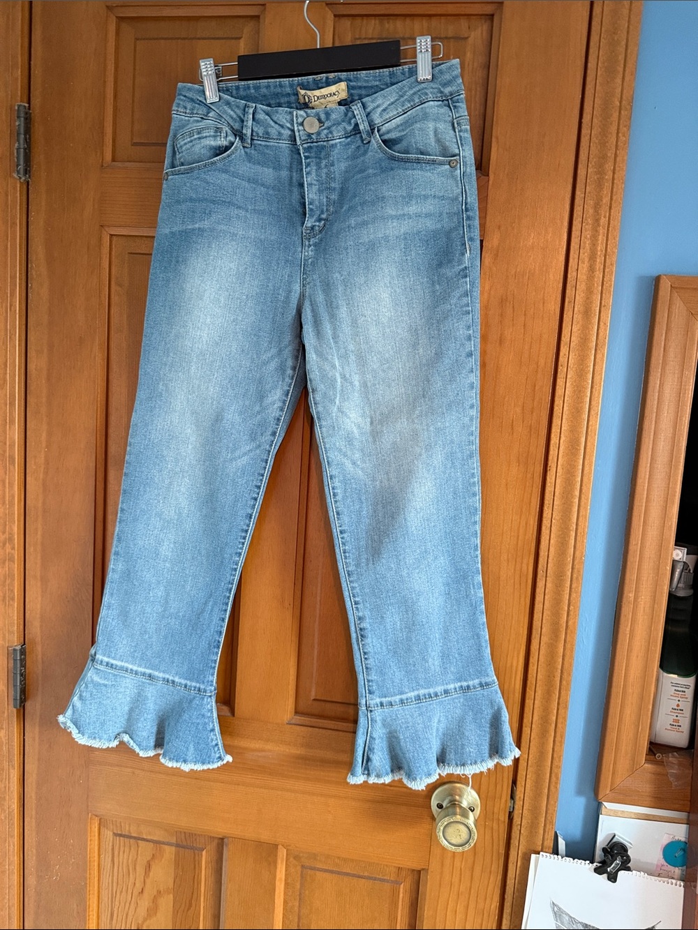 Democracy Light Blue Ruffle-Hem Wide Leg Cropped Jeans
